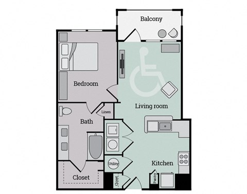 Floor plan for 1 bed, 1 bath, 752 sqft